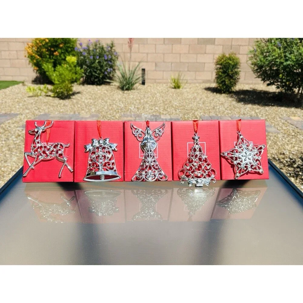 Lot of 5 LENOX Sparkle and Scroll Clear Crystal Silverplate Christmas Ornaments